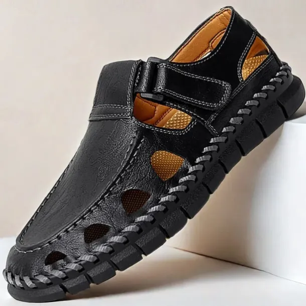 Men's Black Faux Leather Fisherman Sandals with Velcro Strap and Breathable Design, Stylish and Comfortable for Outdoor, Casual and Summer Activities