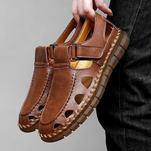 Men's Black Faux Leather Fisherman Sandals with Velcro Strap and Breathable Design, Stylish and Comfortable for Outdoor, Casual and Summer Activities