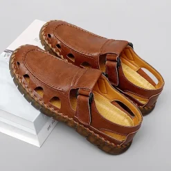 Men's Black Faux Leather Fisherman Sandals with Velcro Strap and Breathable Design, Stylish and Comfortable for Outdoor, Casual and Summer Activities