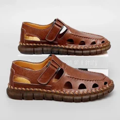 Men's Black Faux Leather Fisherman Sandals with Velcro Strap and Breathable Design, Stylish and Comfortable for Outdoor, Casual and Summer Activities