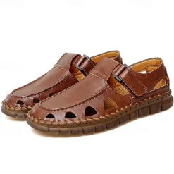 Men's Black Faux Leather Fisherman Sandals with Velcro Strap and Breathable Design, Stylish and Comfortable for Outdoor, Casual and Summer Activities