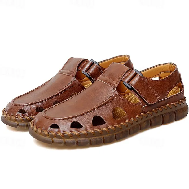 Men's Black Faux Leather Fisherman Sandals with Velcro Strap and Breathable Design, Stylish and Comfortable for Outdoor, Casual and Summer Activities