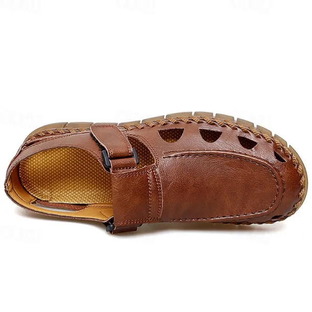 Men's Black Faux Leather Fisherman Sandals with Velcro Strap and Breathable Design, Stylish and Comfortable for Outdoor, Casual and Summer Activities