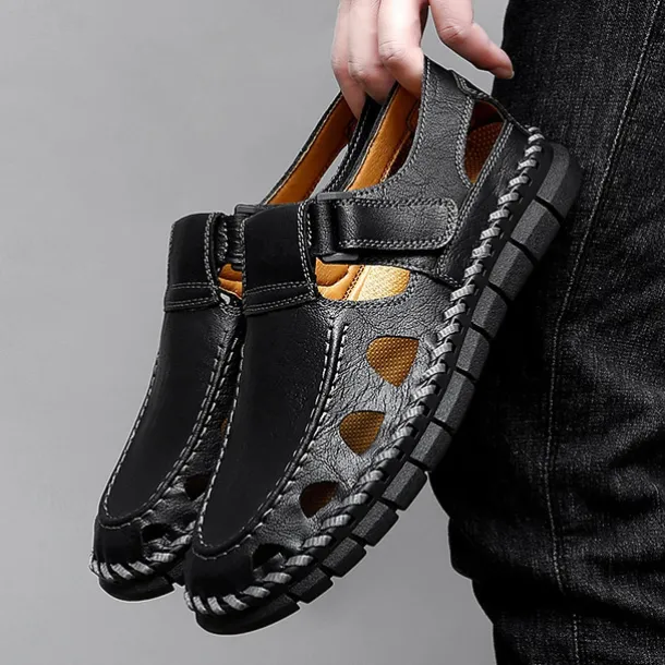 Men's Black Faux Leather Fisherman Sandals with Velcro Strap and Breathable Design, Stylish and Comfortable for Outdoor, Casual and Summer Activities
