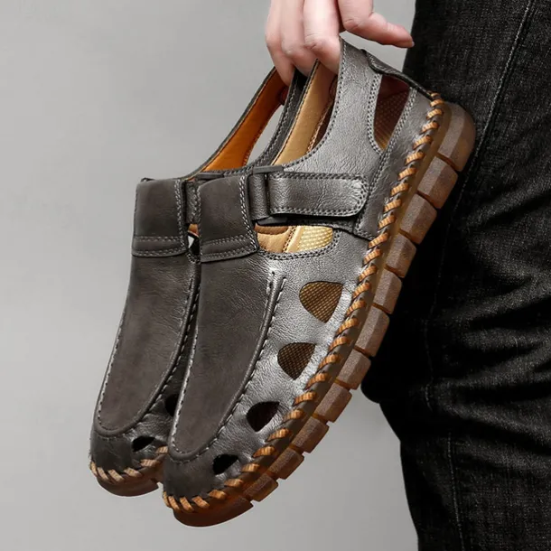 Men's Black Faux Leather Fisherman Sandals with Velcro Strap and Breathable Design, Stylish and Comfortable for Outdoor, Casual and Summer Activities