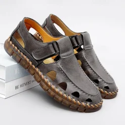 Men's Black Faux Leather Fisherman Sandals with Velcro Strap and Breathable Design, Stylish and Comfortable for Outdoor, Casual and Summer Activities