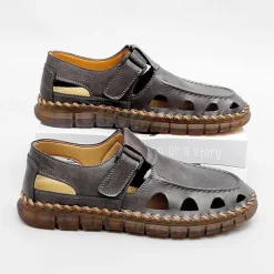 Men's Black Faux Leather Fisherman Sandals with Velcro Strap and Breathable Design, Stylish and Comfortable for Outdoor, Casual and Summer Activities