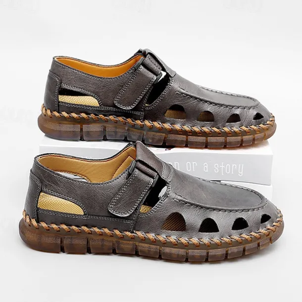 Men's Black Faux Leather Fisherman Sandals with Velcro Strap and Breathable Design, Stylish and Comfortable for Outdoor, Casual and Summer Activities