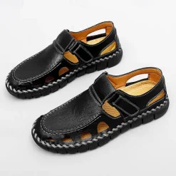Men's Black Faux Leather Fisherman Sandals with Velcro Strap and Breathable Design, Stylish and Comfortable for Outdoor, Casual and Summer Activities