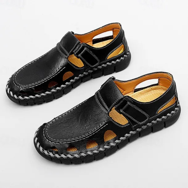 Men's Black Faux Leather Fisherman Sandals with Velcro Strap and Breathable Design, Stylish and Comfortable for Outdoor, Casual and Summer Activities
