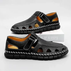 Men's Black Faux Leather Fisherman Sandals with Velcro Strap and Breathable Design, Stylish and Comfortable for Outdoor, Casual and Summer Activities