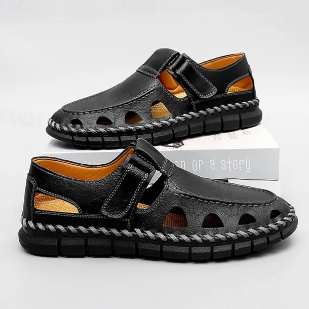 Men's Black Faux Leather Fisherman Sandals with Velcro Strap and Breathable Design, Stylish and Comfortable for Outdoor, Casual and Summer Activities