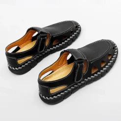 Men's Black Faux Leather Fisherman Sandals with Velcro Strap and Breathable Design, Stylish and Comfortable for Outdoor, Casual and Summer Activities