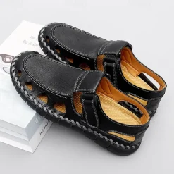 Men's Black Faux Leather Fisherman Sandals with Velcro Strap and Breathable Design, Stylish and Comfortable for Outdoor, Casual and Summer Activities