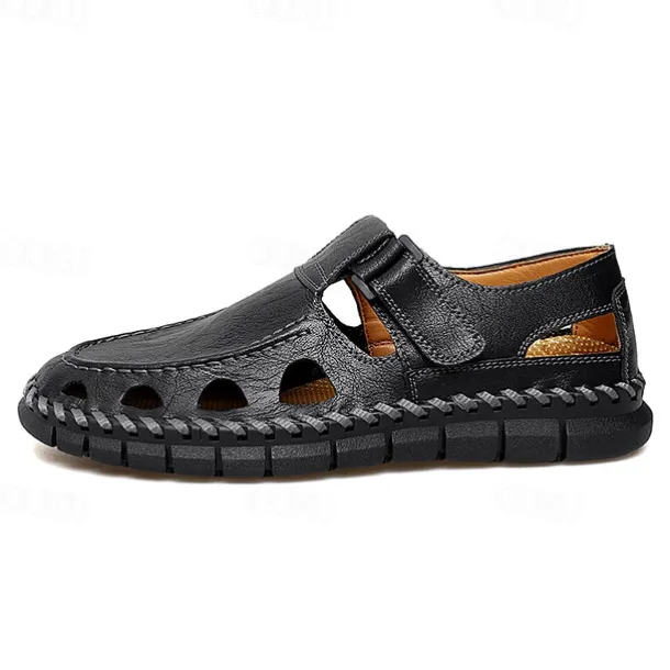 Men's Black Faux Leather Fisherman Sandals with Velcro Strap and Breathable Design, Stylish and Comfortable for Outdoor, Casual and Summer Activities