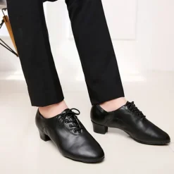 Men's Black Faux Leather Lace - Up Dance Shoes, Sturdy Low Heel & Soft Suede Sole, Comfortable & Stylish for Ballroom & Latin Dance