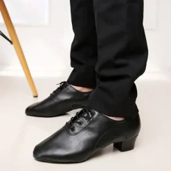Men's Black Faux Leather Lace - Up Dance Shoes, Sturdy Low Heel & Soft Suede Sole, Comfortable & Stylish for Ballroom & Latin Dance