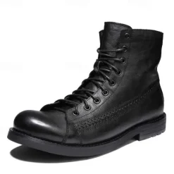 Men's Black Faux Leather Lace-Up Combat Boots with Brogue Detailing, Vintage Style Motorcycle Boots for Rugged Outdoor and Casual Wear