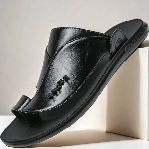 Men's Black Faux Leather Slide Slippers with Stylish Accent Detail – Comfortable Casual Footwear for Everyday Wear