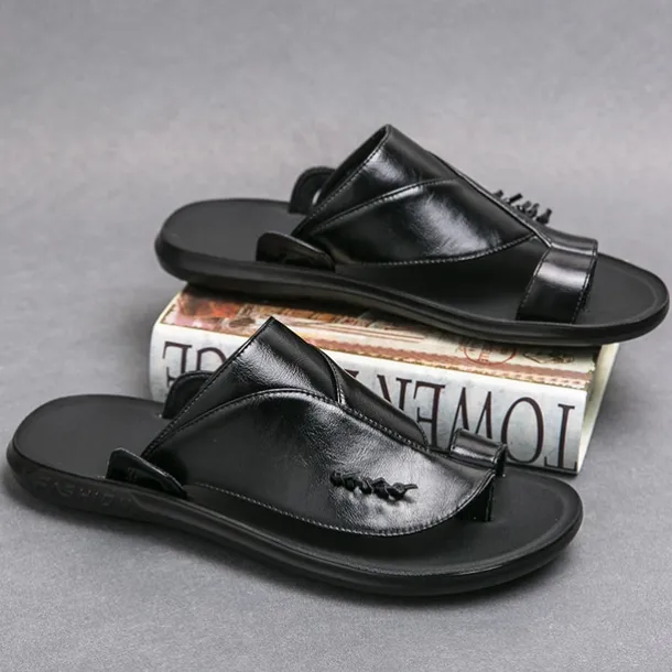 Men's Black Faux Leather Slide Slippers with Stylish Accent Detail – Comfortable Casual Footwear for Everyday Wear