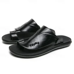 Men's Black Faux Leather Slide Slippers with Stylish Accent Detail – Comfortable Casual Footwear for Everyday Wear