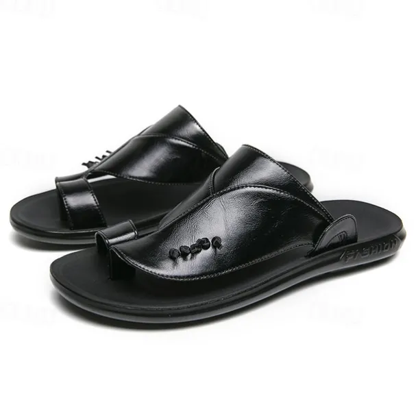 Men's Black Faux Leather Slide Slippers with Stylish Accent Detail – Comfortable Casual Footwear for Everyday Wear