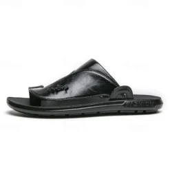 Men's Black Faux Leather Slide Slippers with Stylish Accent Detail – Comfortable Casual Footwear for Everyday Wear