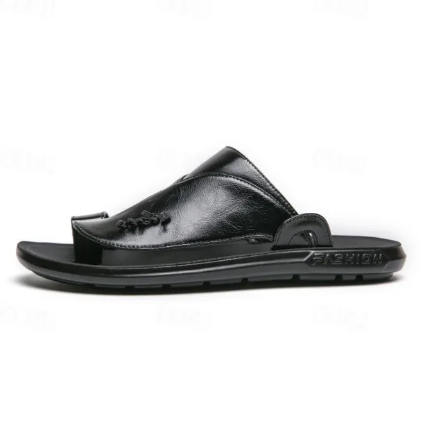 Men's Black Faux Leather Slide Slippers with Stylish Accent Detail – Comfortable Casual Footwear for Everyday Wear
