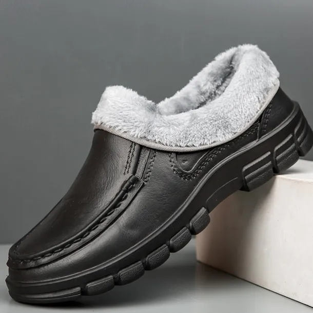 Men's Black Faux Leather Slip-on Shoes with Fur Lining - Warm and Comfortable for Winter