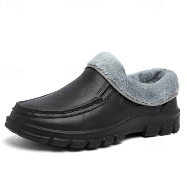 Men's Black Faux Leather Slip-on Shoes with Fur Lining - Warm and Comfortable for Winter