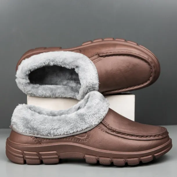 Men's Black Faux Leather Slip-on Shoes with Fur Lining - Warm and Comfortable for Winter