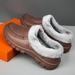 Men's Black Faux Leather Slip-on Shoes with Fur Lining - Warm and Comfortable for Winter