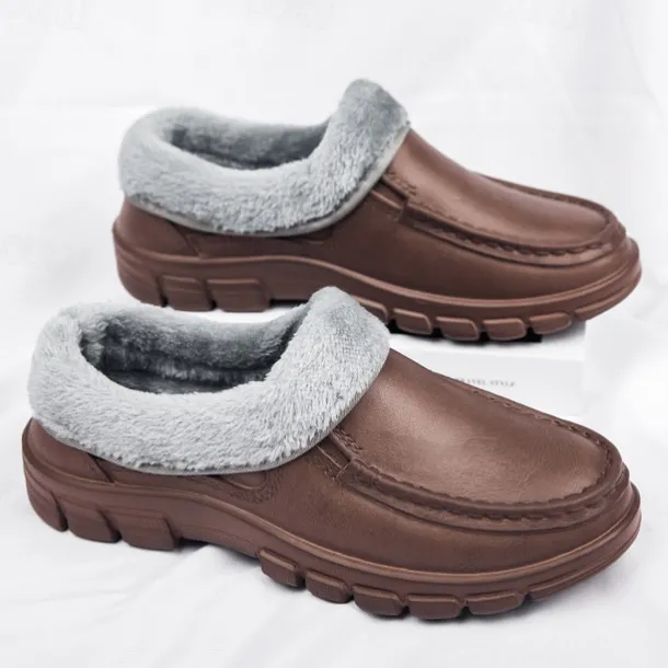 Men's Black Faux Leather Slip-on Shoes with Fur Lining - Warm and Comfortable for Winter