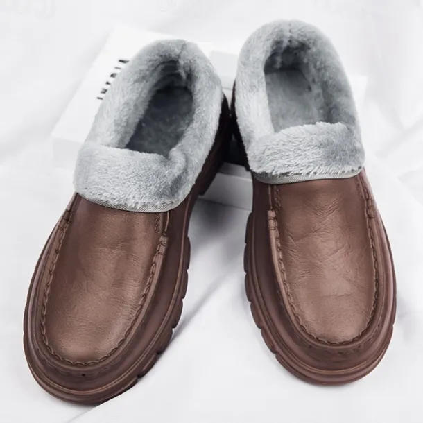 Men's Black Faux Leather Slip-on Shoes with Fur Lining - Warm and Comfortable for Winter