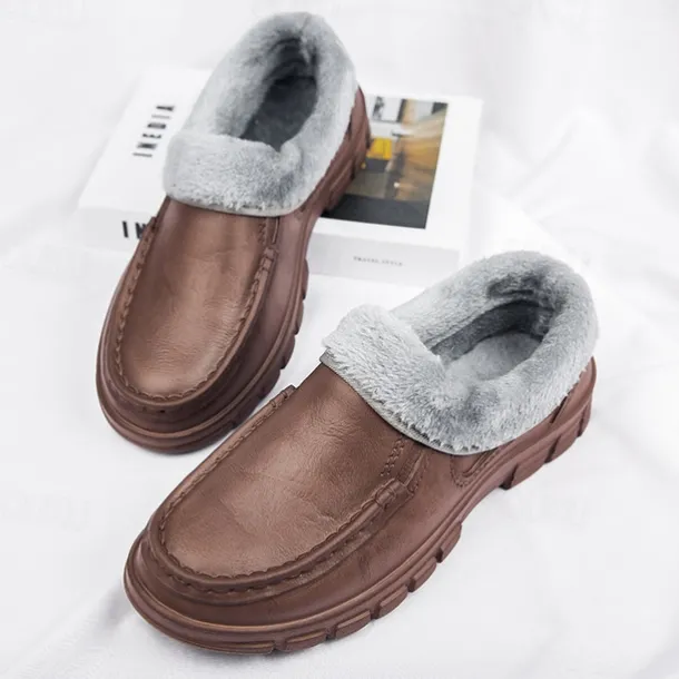 Men's Black Faux Leather Slip-on Shoes with Fur Lining - Warm and Comfortable for Winter