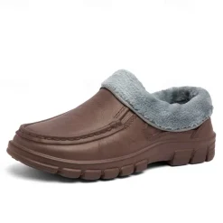 Men's Black Faux Leather Slip-on Shoes with Fur Lining - Warm and Comfortable for Winter