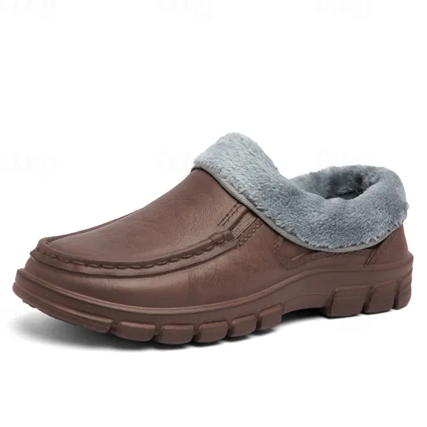 Men's Black Faux Leather Slip-on Shoes with Fur Lining - Warm and Comfortable for Winter