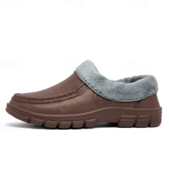 Men's Black Faux Leather Slip-on Shoes with Fur Lining - Warm and Comfortable for Winter