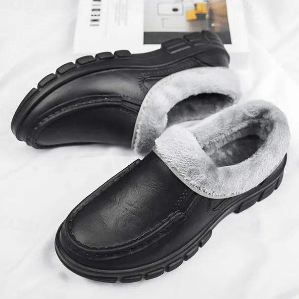 Men's Black Faux Leather Slip-on Shoes with Fur Lining - Warm and Comfortable for Winter