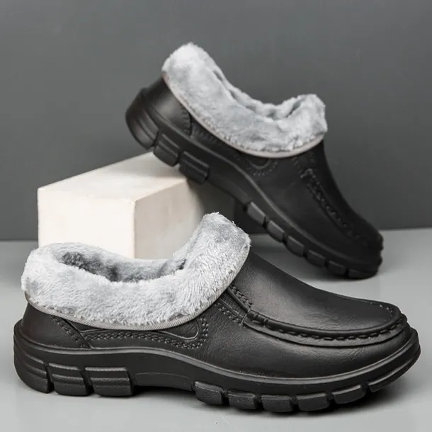 Men's Black Faux Leather Slip-on Shoes with Fur Lining - Warm and Comfortable for Winter