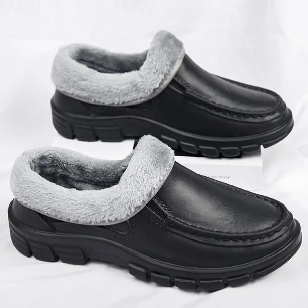 Men's Black Faux Leather Slip-on Shoes with Fur Lining - Warm and Comfortable for Winter