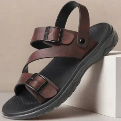 Men's Black Faux Leather Sandals with Buckle Straps, Comfortable Casual Footwear for Summer and Outdoor Activities