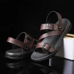 Men's Black Faux Leather Sandals with Buckle Straps, Comfortable Casual Footwear for Summer and Outdoor Activities