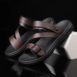 Men's Black Faux Leather Sandals with Buckle Straps, Comfortable Casual Footwear for Summer and Outdoor Activities