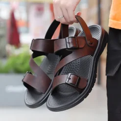 Men's Black Faux Leather Sandals with Buckle Straps, Comfortable Casual Footwear for Summer and Outdoor Activities