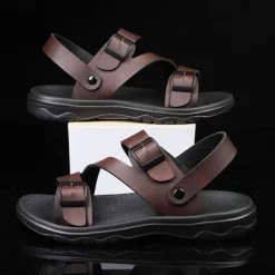 Men's Black Faux Leather Sandals with Buckle Straps, Comfortable Casual Footwear for Summer and Outdoor Activities