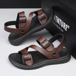 Men's Black Faux Leather Sandals with Buckle Straps, Comfortable Casual Footwear for Summer and Outdoor Activities
