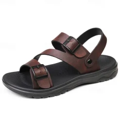 Men's Black Faux Leather Sandals with Buckle Straps, Comfortable Casual Footwear for Summer and Outdoor Activities