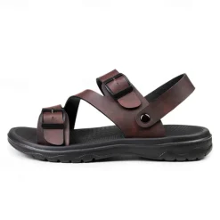 Men's Black Faux Leather Sandals with Buckle Straps, Comfortable Casual Footwear for Summer and Outdoor Activities