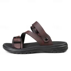 Men's Black Faux Leather Sandals with Buckle Straps, Comfortable Casual Footwear for Summer and Outdoor Activities